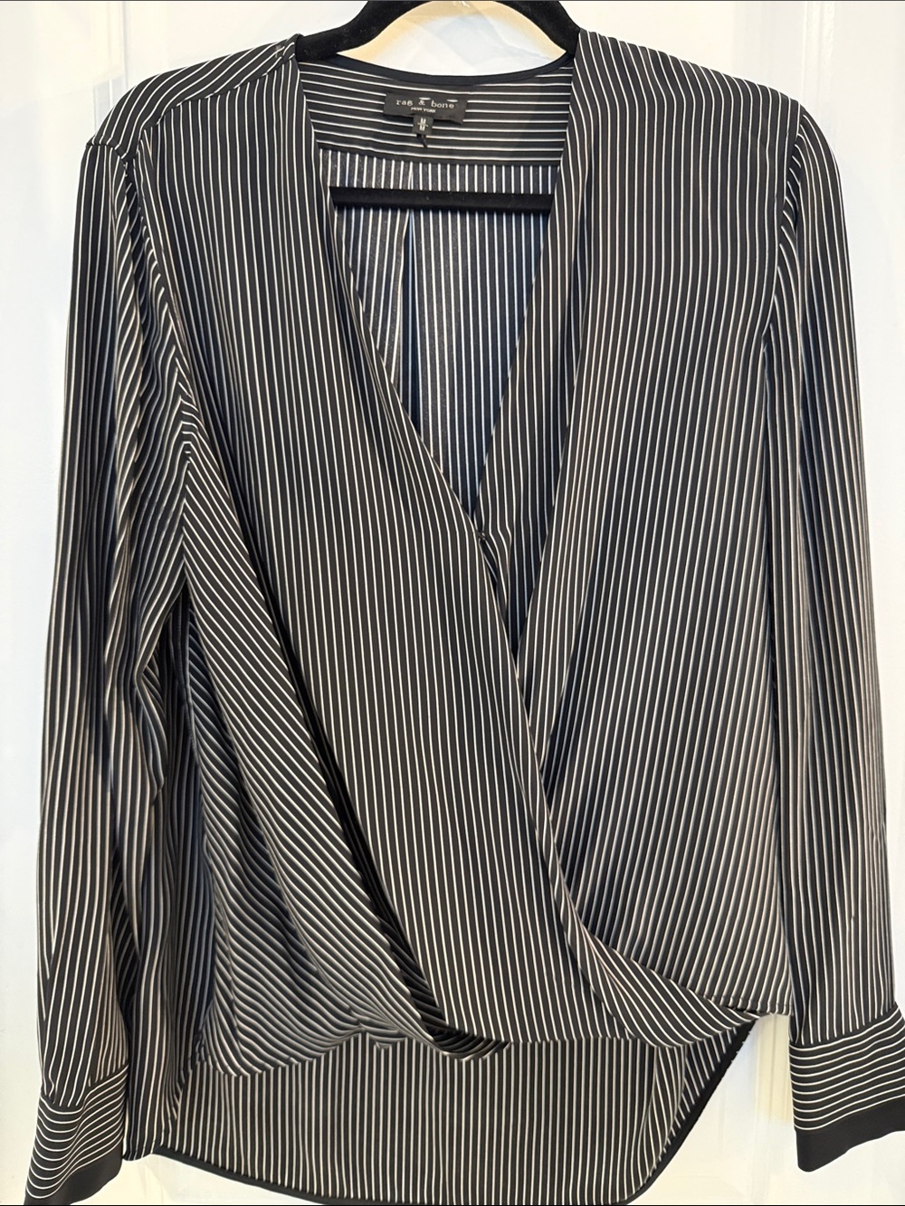 rag & bone Black and White Striped Wrap Blouse 100% Silk